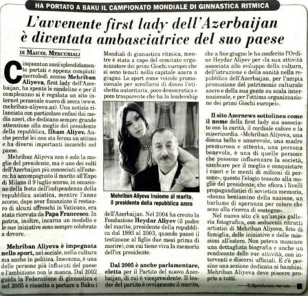 “İtalia Oggi”: Mehriban Əliyeva ölkəsinin ən tanınmış simalarındandır