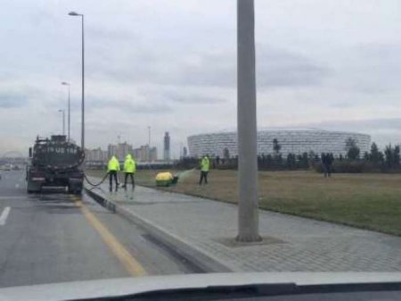 Bakıda solmuş çəmənliklər yaşıl boya ilə rənglənir