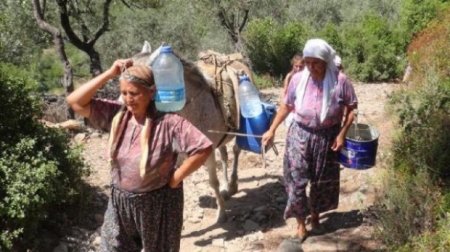 Şabranda eşşəklə su daşıyan kəndlilər: “Qışda lap çətin olur, heyvan palçığa batıb qalır...”
