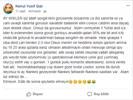 "Ay kişilər, görüşəndə dul qadınla görüşün, savabdır" "Ay kişilər, görüşəndə dul qadınla görüşün, savabdır"