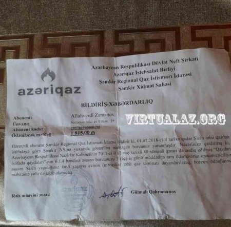 Şəmkir sakini 1600 manatlıq qaz pulu borcunu görüb şok keçirdi